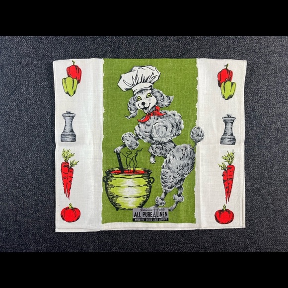 •Mid-Century Anthropomorphic Poodle Chef Linen Tea Towel NWT• - Picture 2 of 6